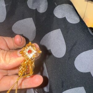 Gold-Tone Floral Pendant Necklace with Red Accent